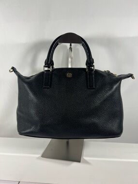 4071: Tory Burch Pebbled Leather Satchel Black Zip Top Shoulder Bag
